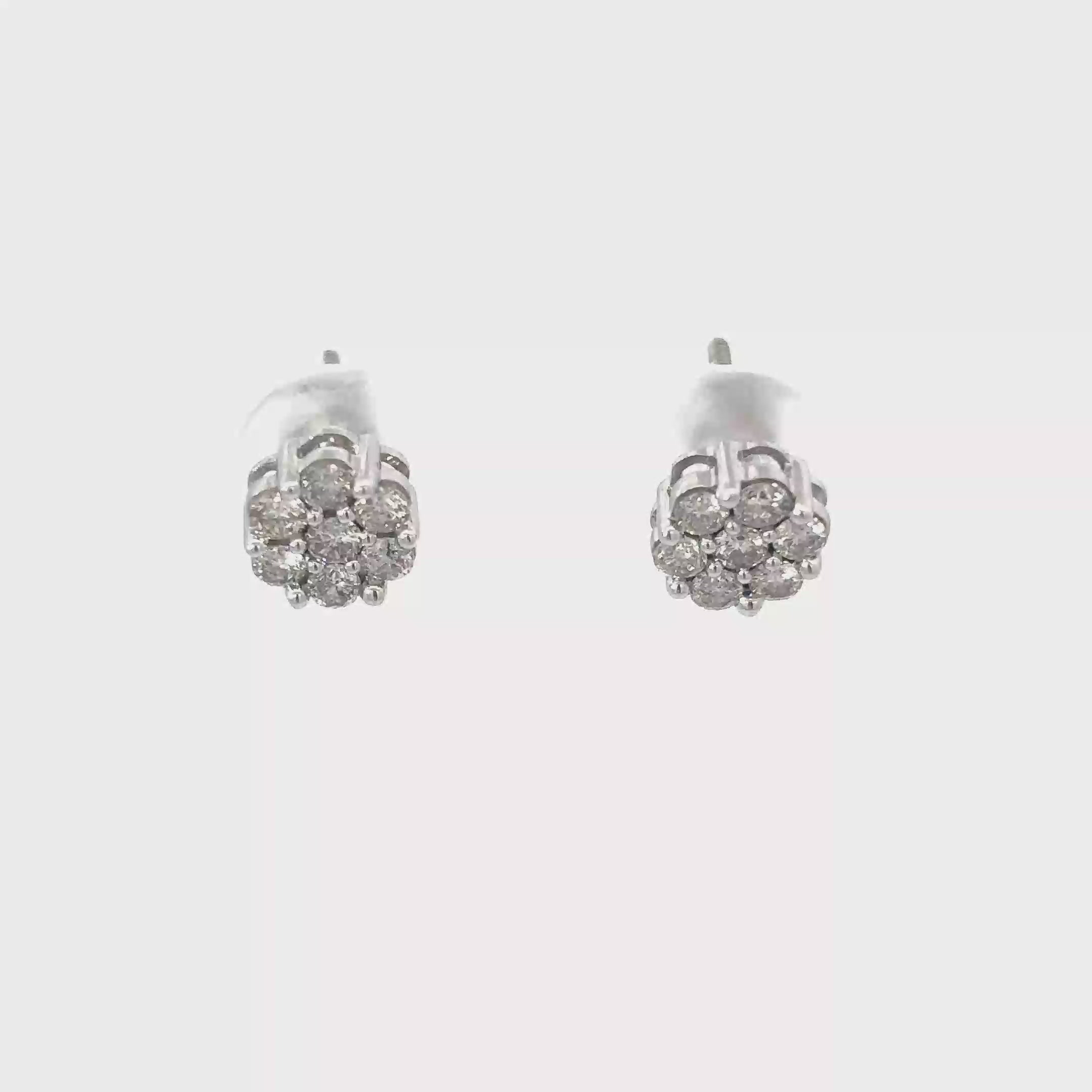 14K White Gold Diamond Flower Cluster Earrings with Screw Backs