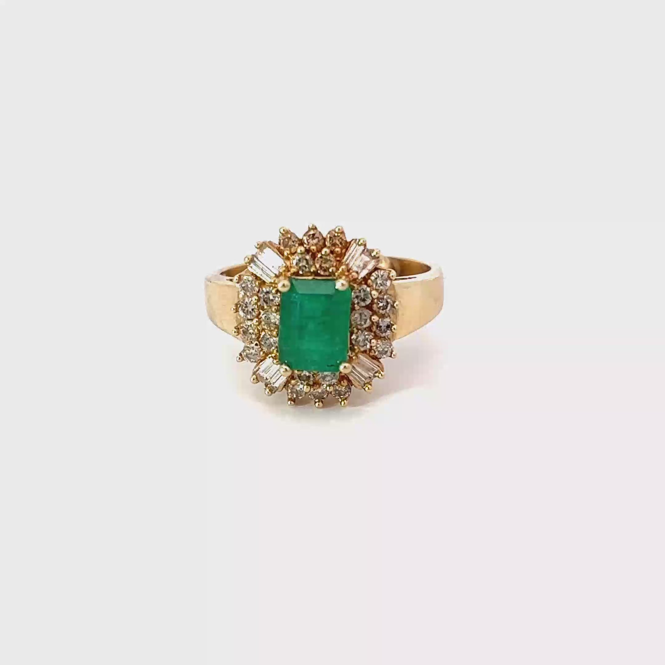 14K Yellow Gold 1.5 Carat Emerald and Diamond Cocktail Ring