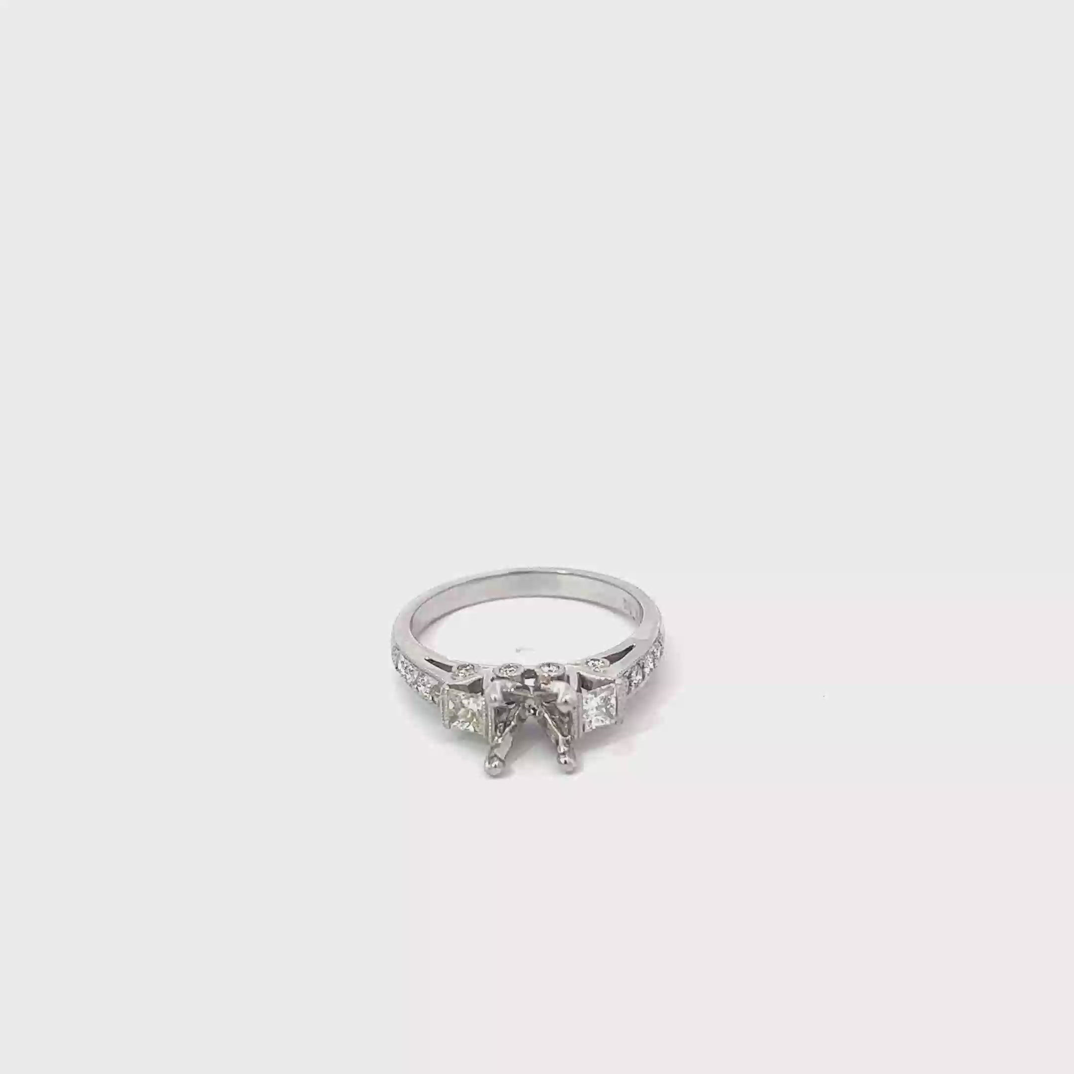 18K White Gold Vintage Inspired Engagement Ring with Semi-Mount with Two Princess Cuts and 16 Round Bead Set Diamonds