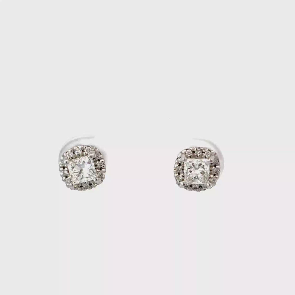 14K White Gold Princess Cut Diamond Earrings set in a Halo with Post Back