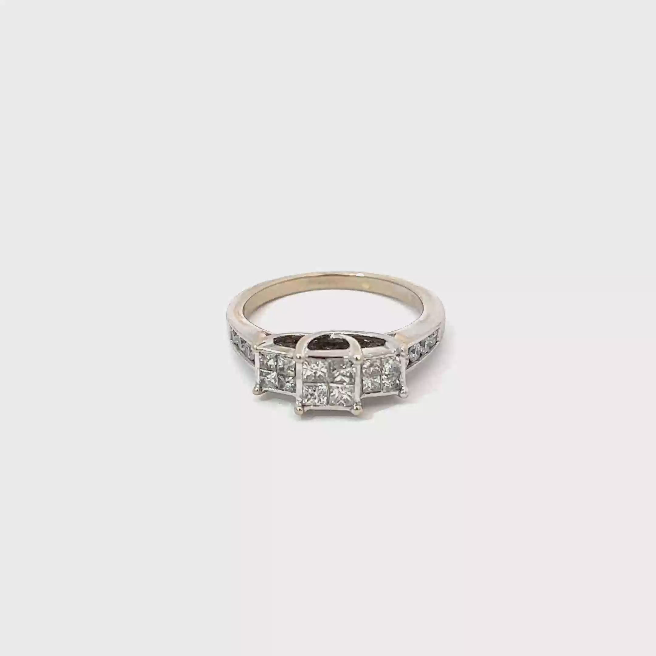 14K White Gold Engagement Ring with 3 Clusters of Princess Cut Diamonds and Channel Set Diamond Accents