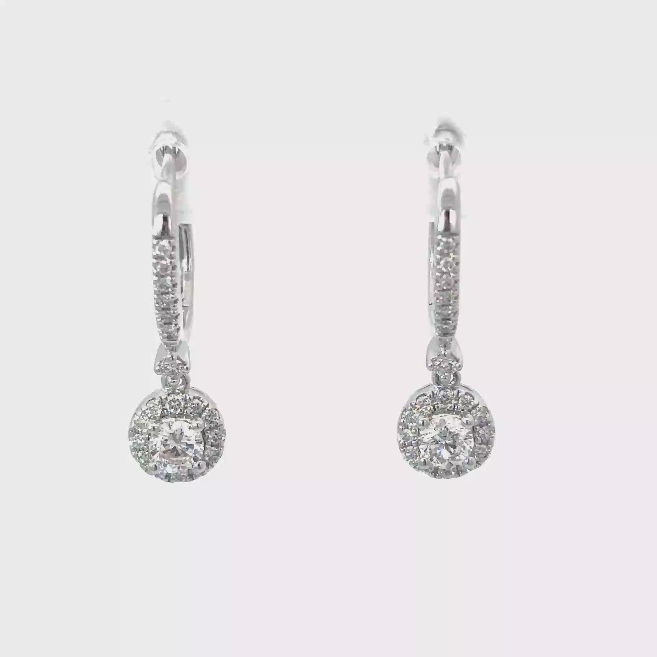 14K White Gold Diamond Encrusted Hug Earring with a Dangling Diamond Halo