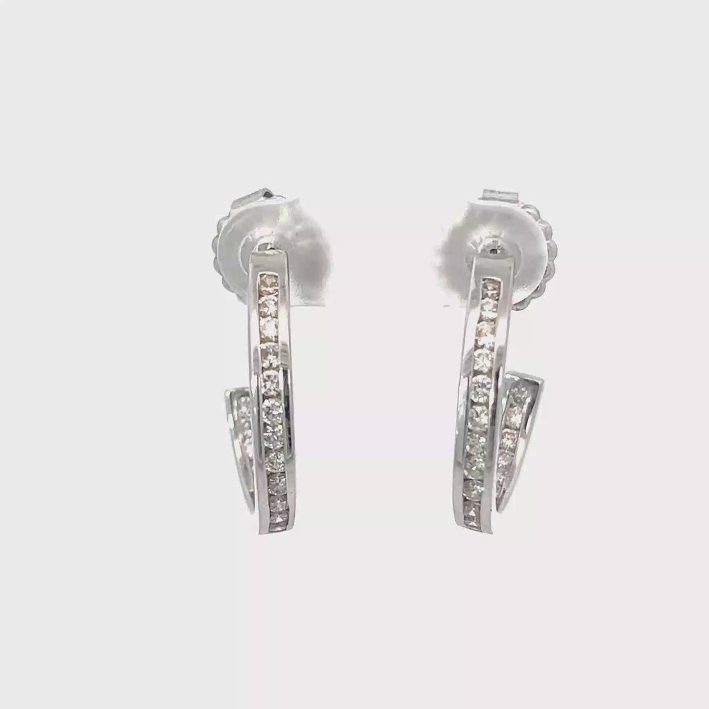 14K White Gold Inner and Outer Channel set Diamond Hoop Earrings with Post Backs
