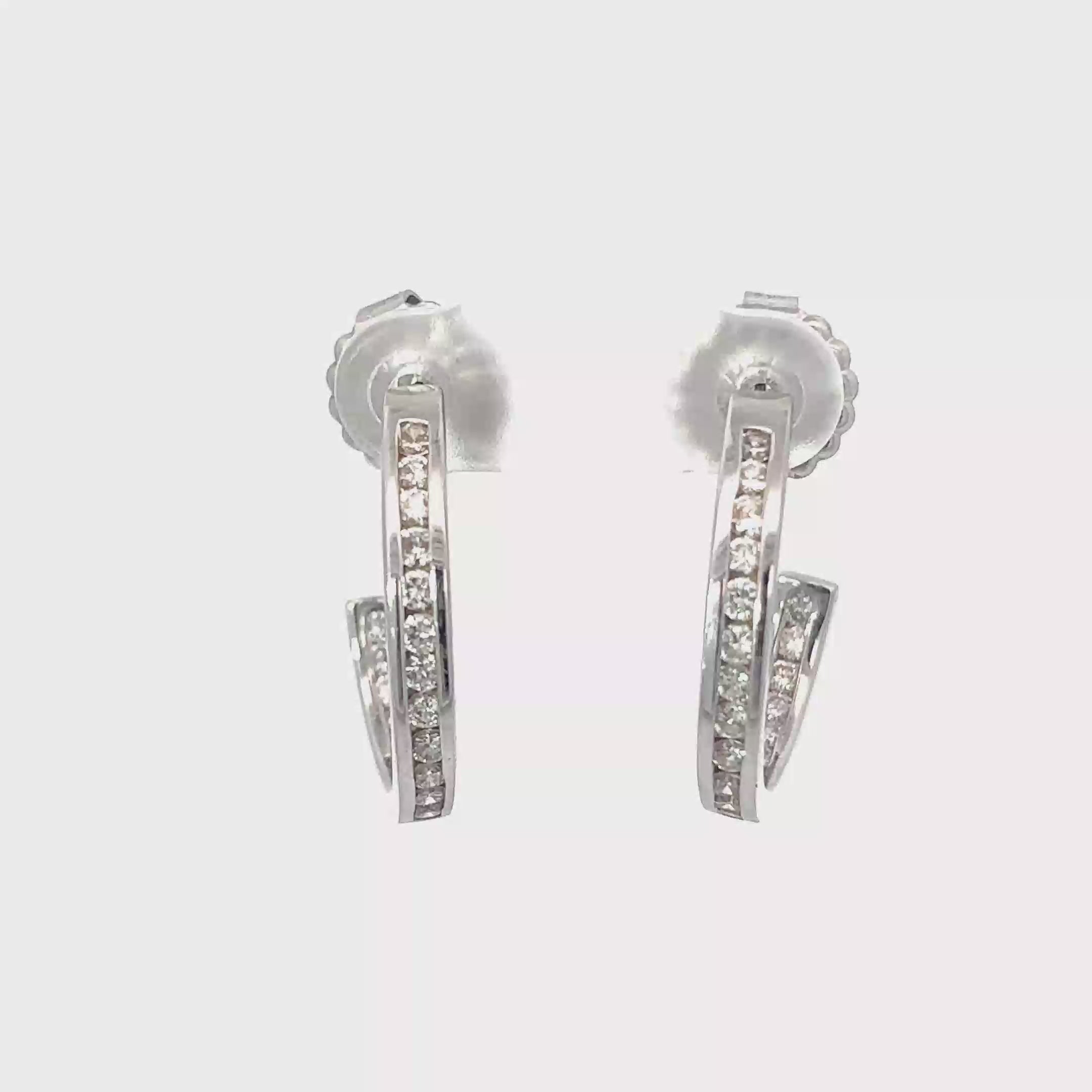 14K White Gold Inner and Outer Channel set Diamond Hoop Earrings with Post Backs
