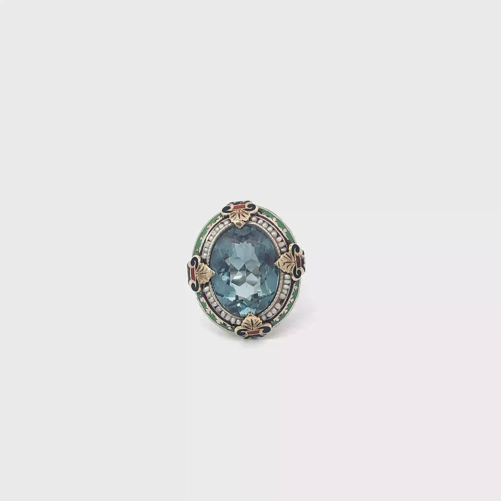 10K White Gold Oval Blue Topaz with Hand Enamel Surrounded by Seed Pearls
