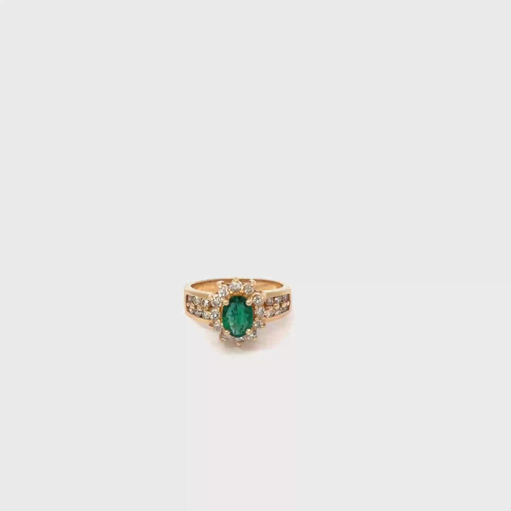14K Yellow Gold Oval Deep Green Emerald Ring Surrounded by Diamonds
