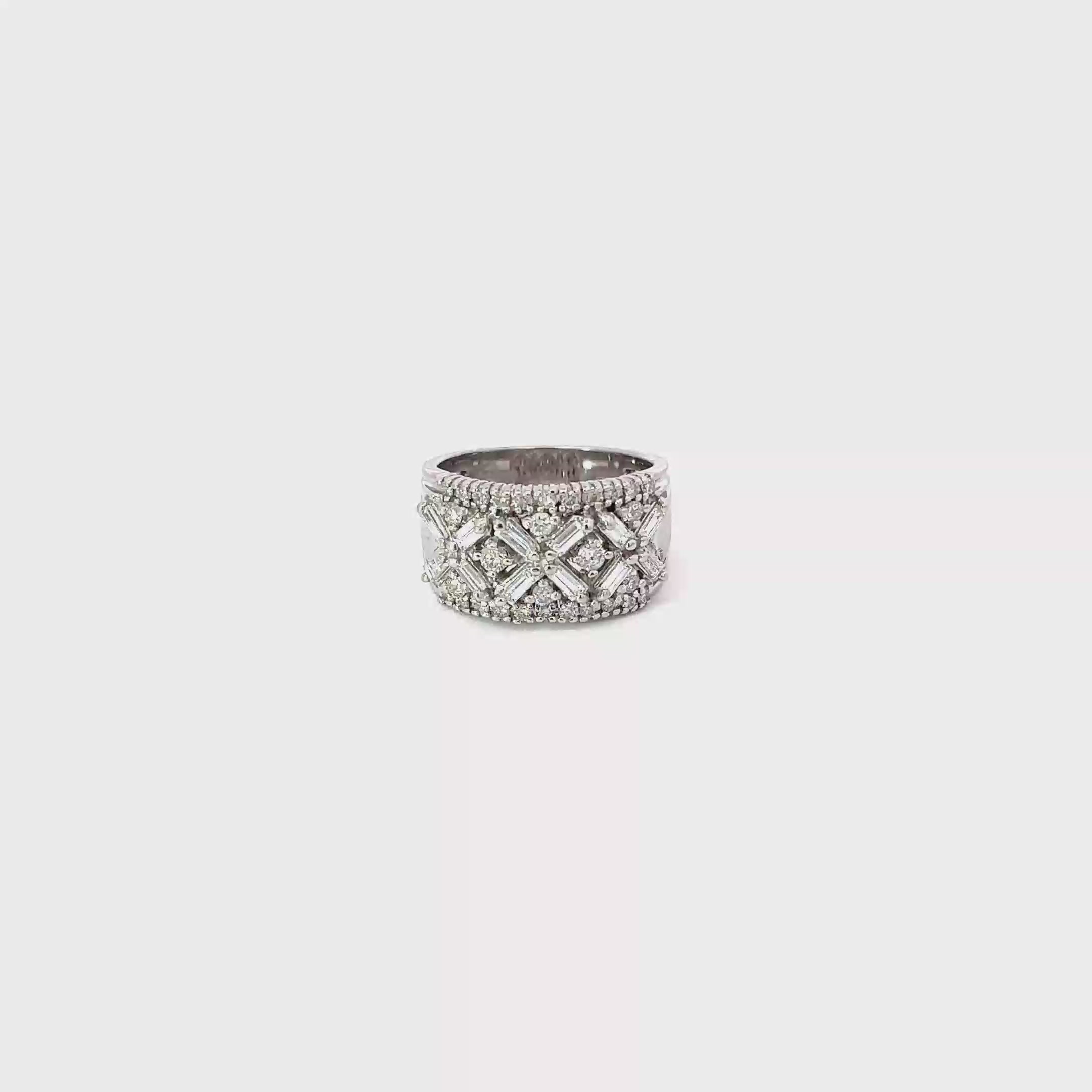 14K White Gold Wide Diamond Band with Baguette and Round Diamonds