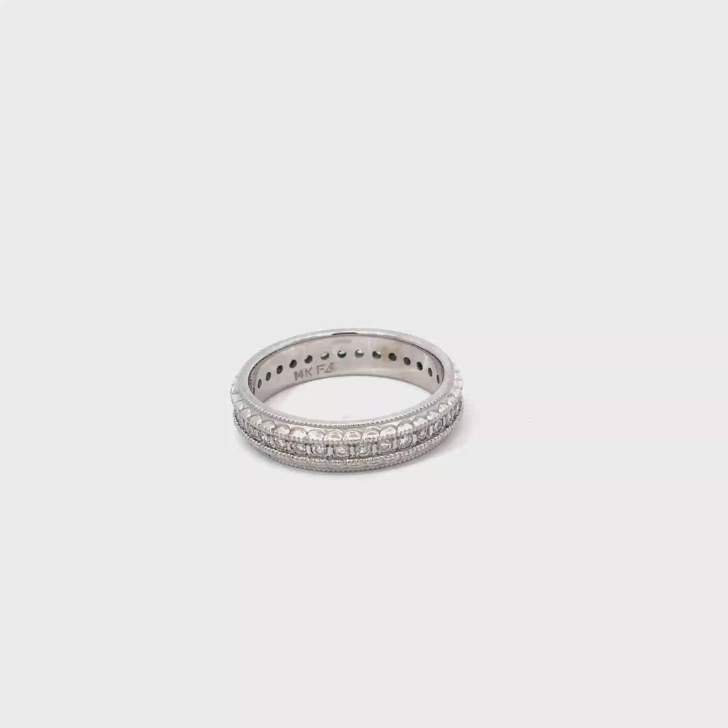 14K White Gold 4.5 mm wide Diamond Eternity Band with a Miligrain Edge