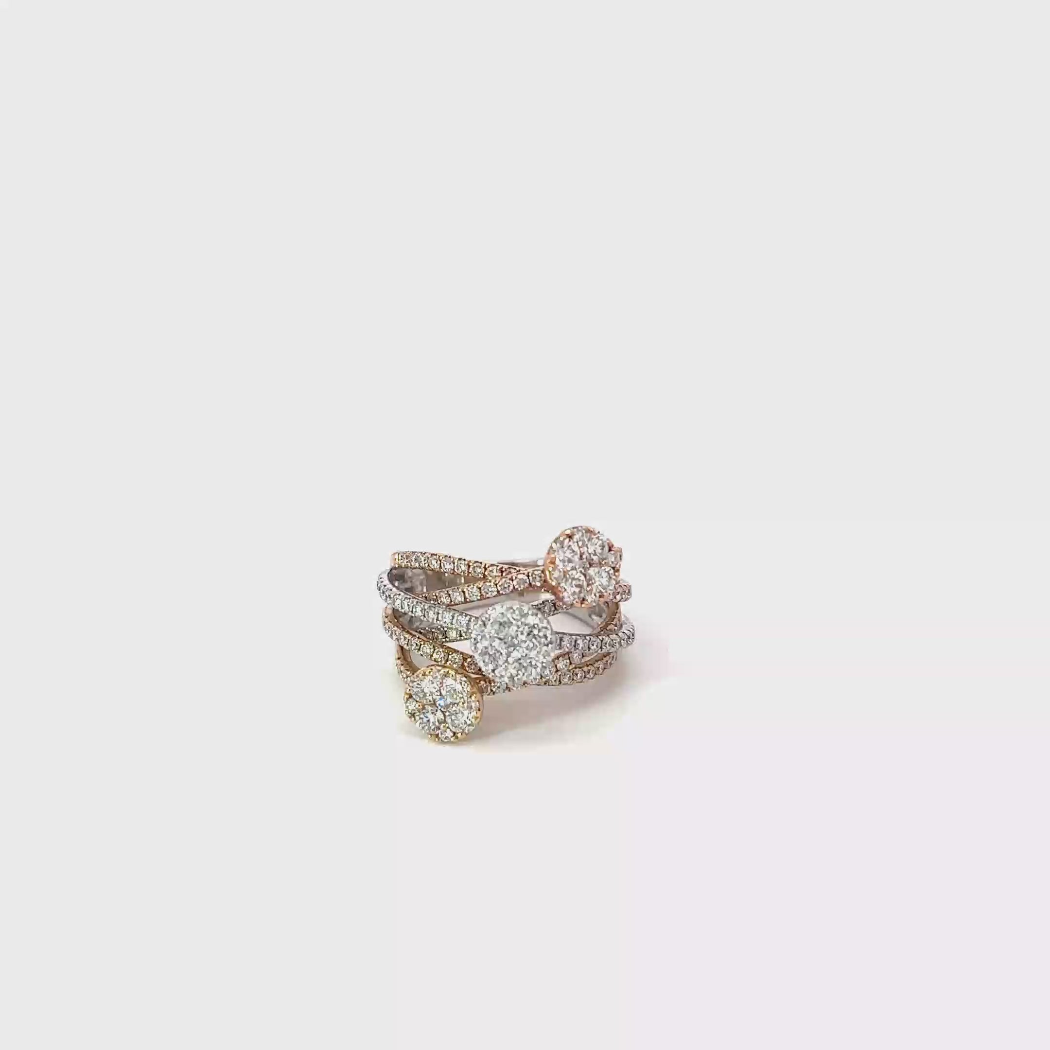 14K White Gold With Tri Color Plating Triple Band with Round Diamonds Set in Petals