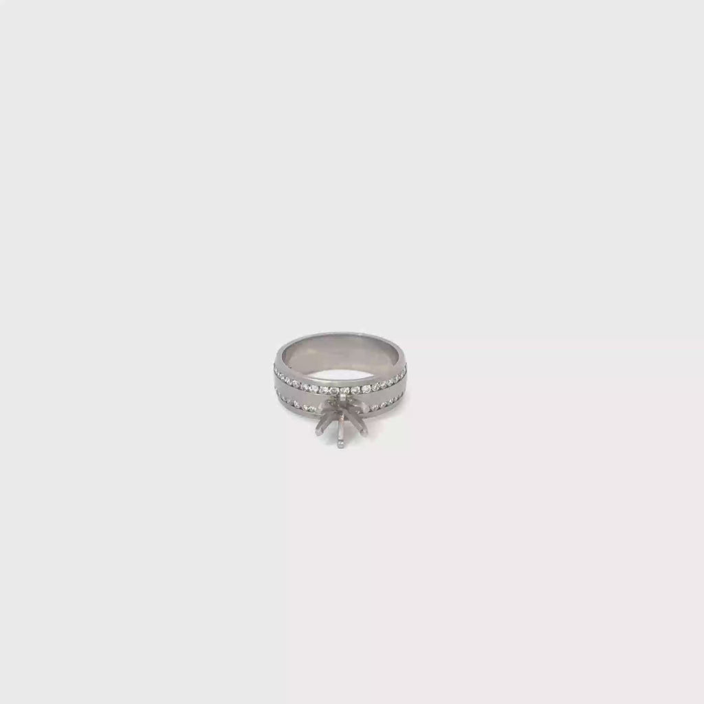 14K White Gold Wide Band Engagement Ring with a Double Row of Channel Set Diamonds