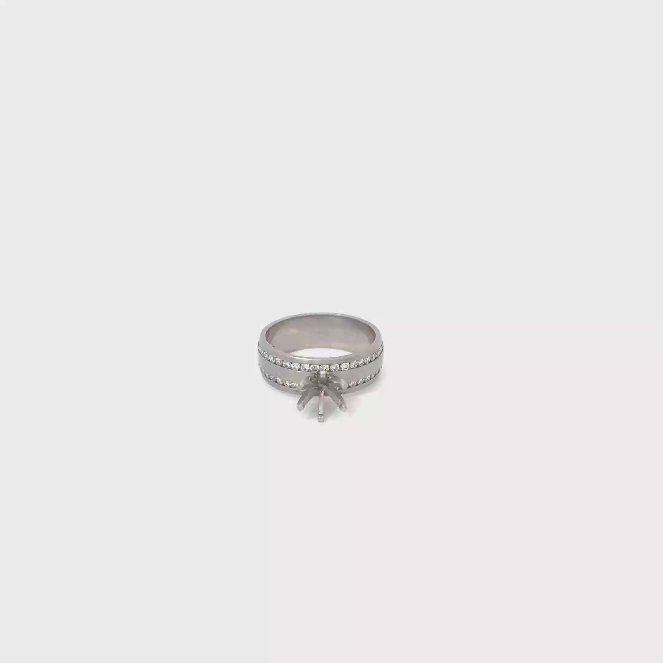 14K White Gold Wide Band Engagement Ring with a Double Row of Channel Set Diamonds