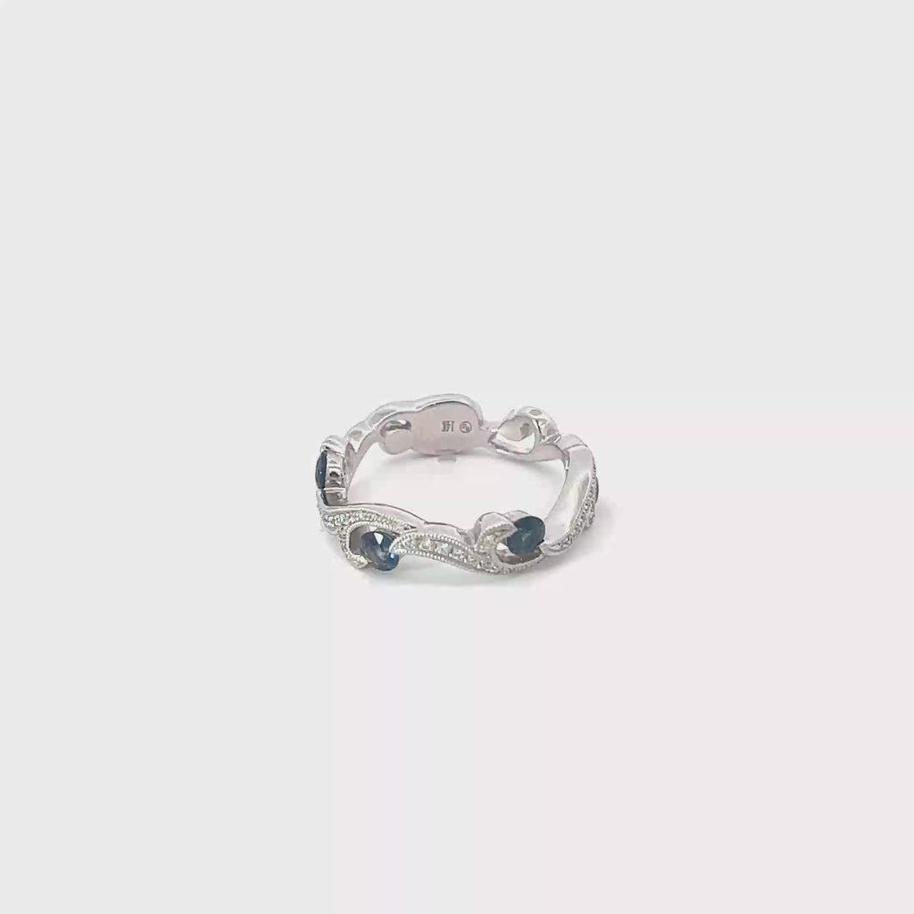 14K White Gold Saphire and Pave Diamond Double Wave Ring