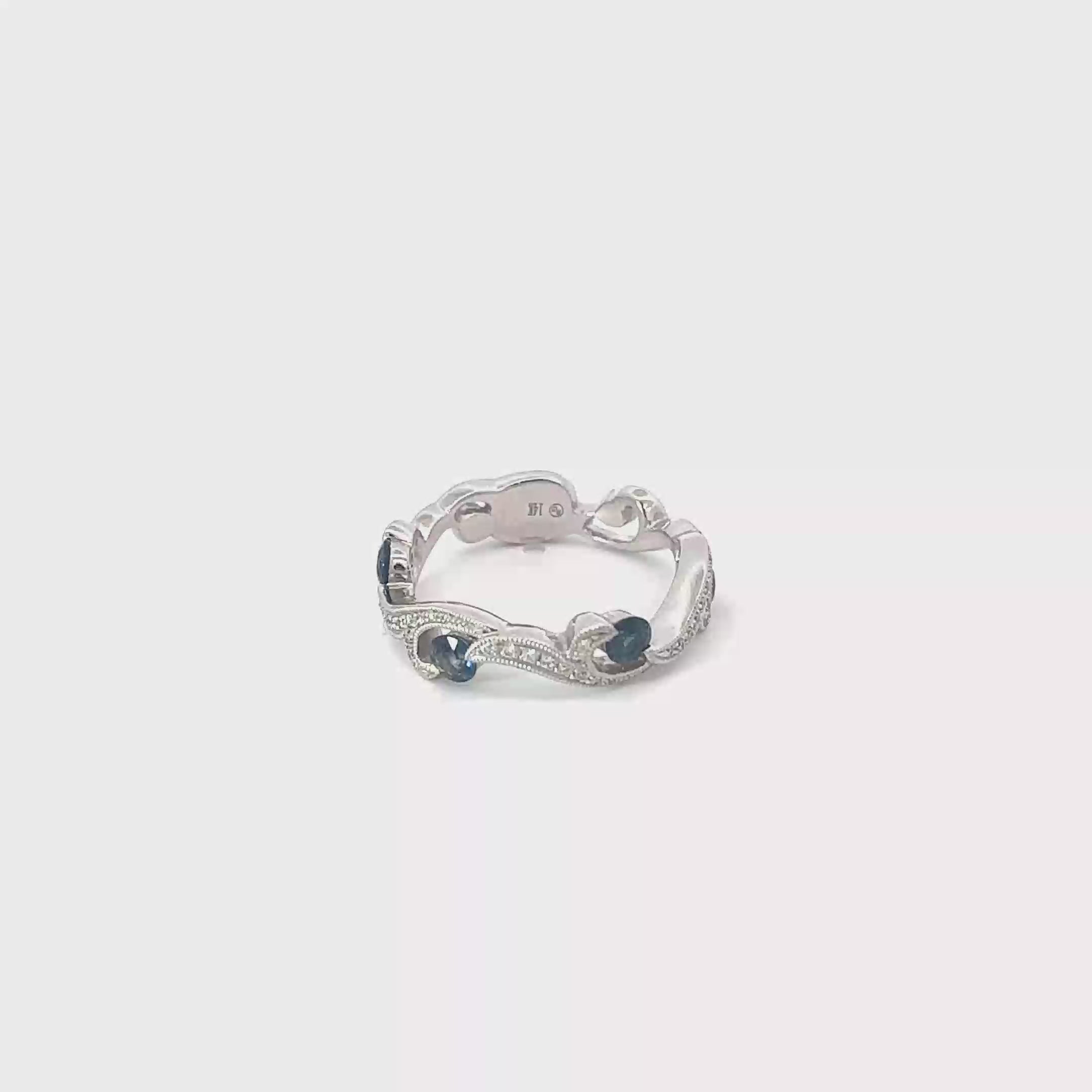 14K White Gold Saphire and Pave Diamond Double Wave Ring