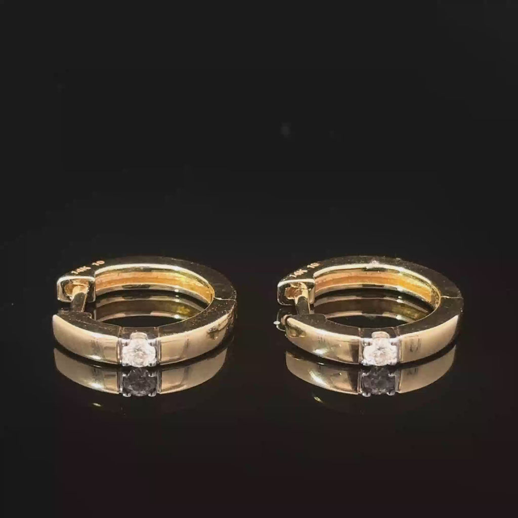 14K Yellow Gold Diamond Hug Earrings with a Single Round Brilliant Cut Diamond