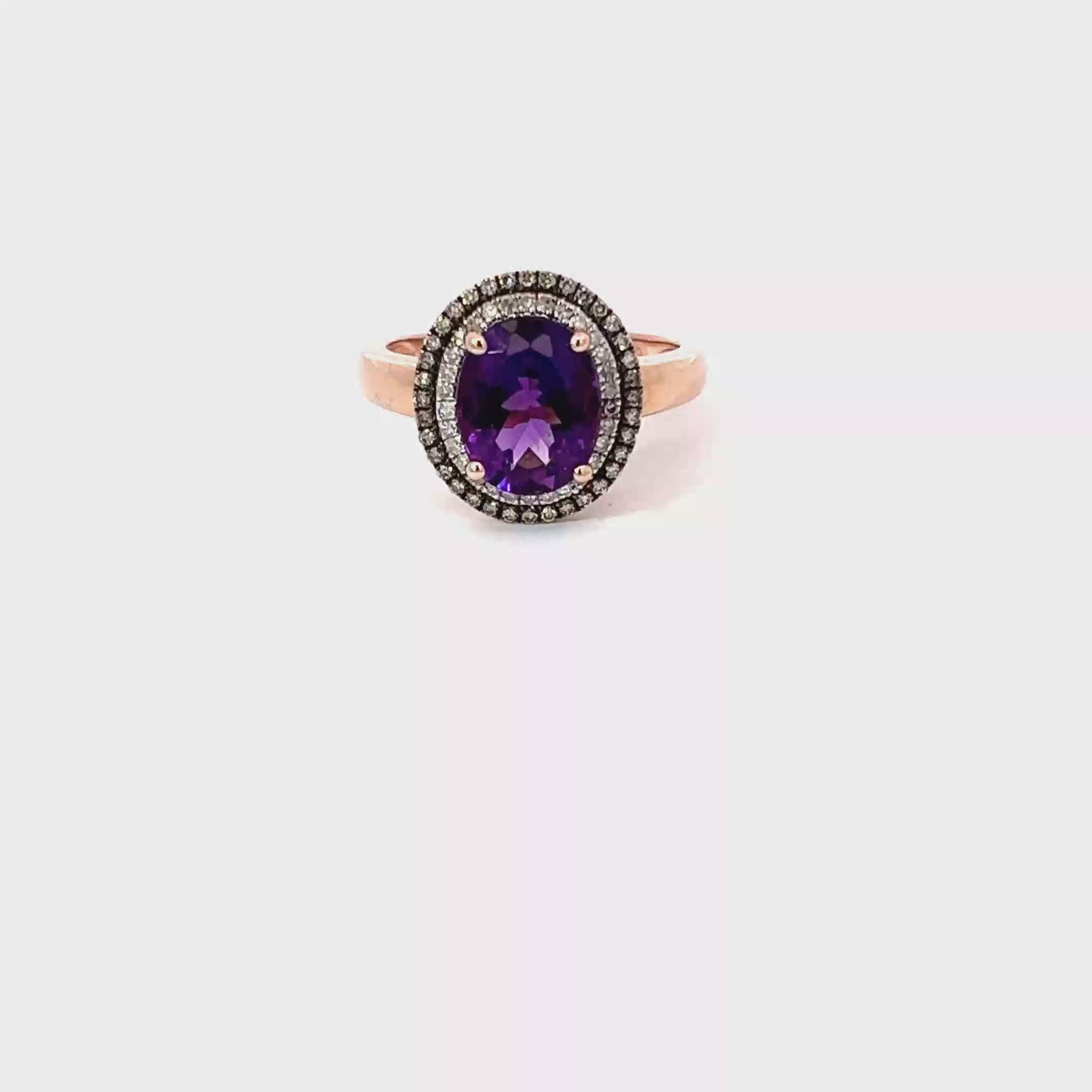 14k Rose Gold Oval Amethyst Ring with a Double Diamond Halo