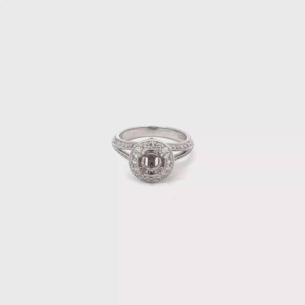 14K White Gold Ribbon Design with Halo and Shared Prong