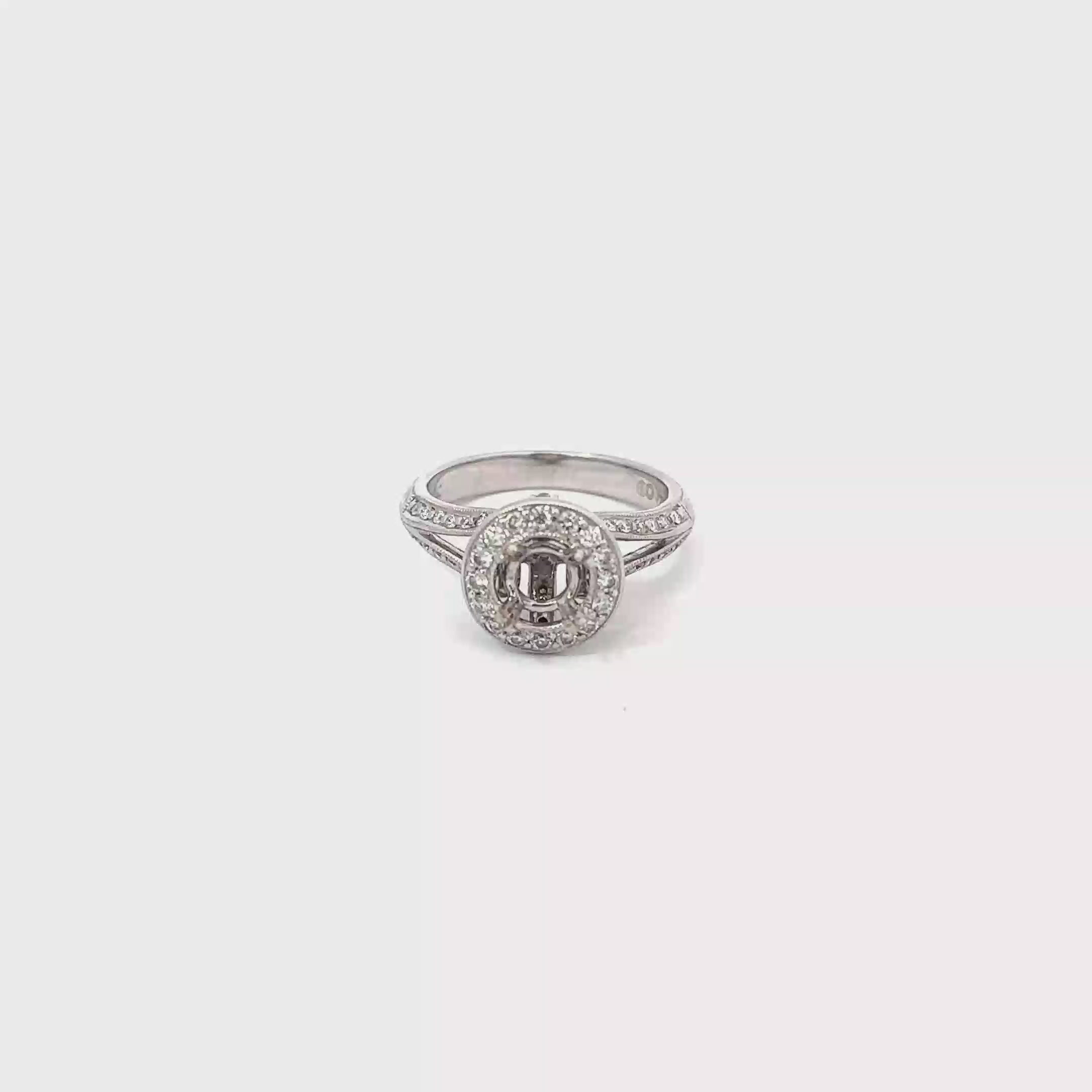 14K White Gold Ribbon Design with Halo and Shared Prong